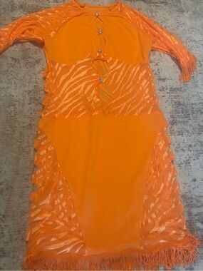 Orange Long-Sleeve Fringe Detail Dress